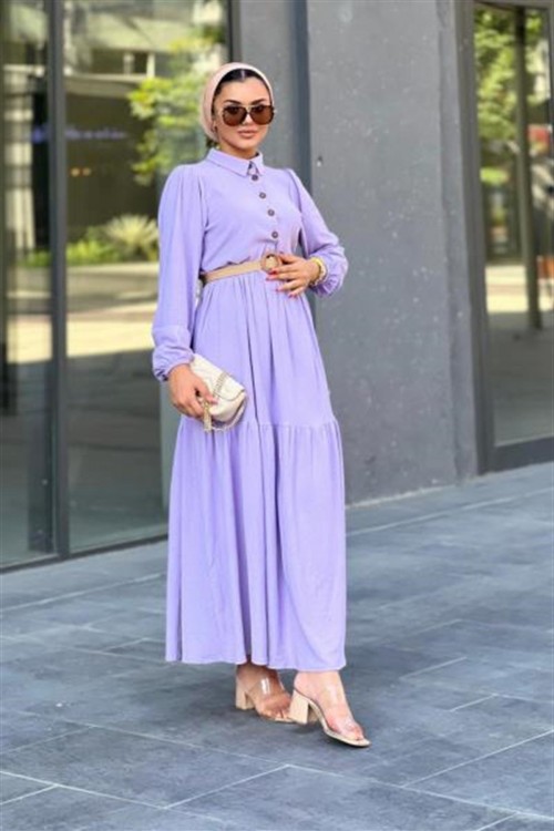 Hasır Kemerli Börümcük Elbise Lila