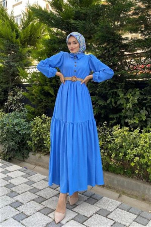 Hasır Kemerli Börümcük Elbise Mavi