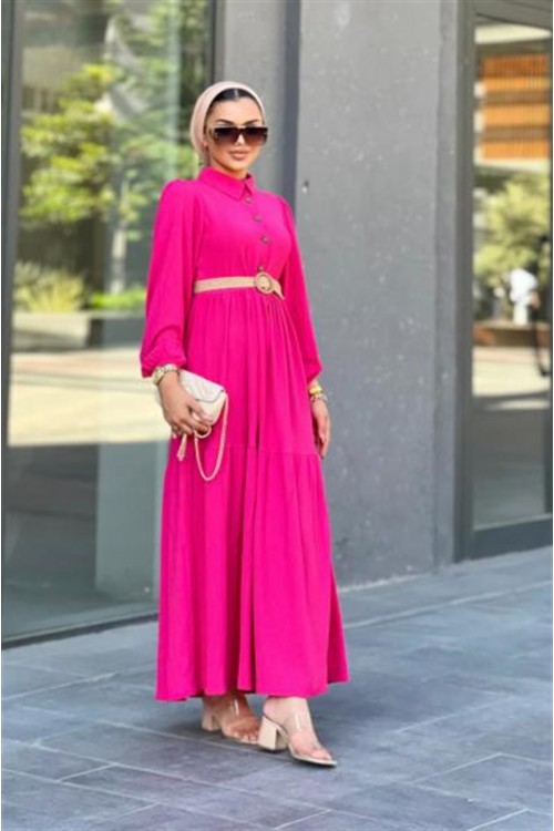 Hasır Kemerli Börümcük Elbise Pembe