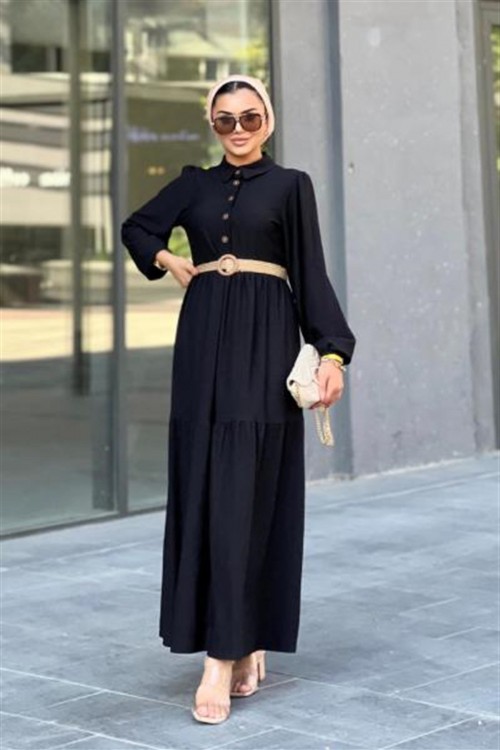 Hasır Kemerli Börümcük Elbise Siyah