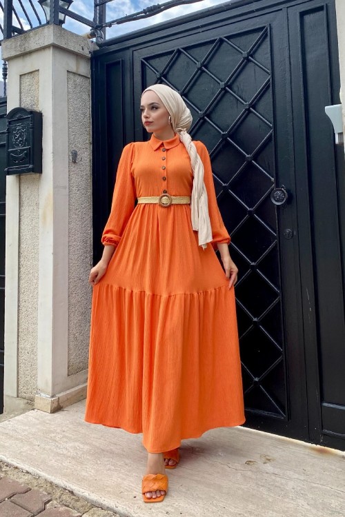 Hasır Kemerli Börümcük Elbise Turuncu
