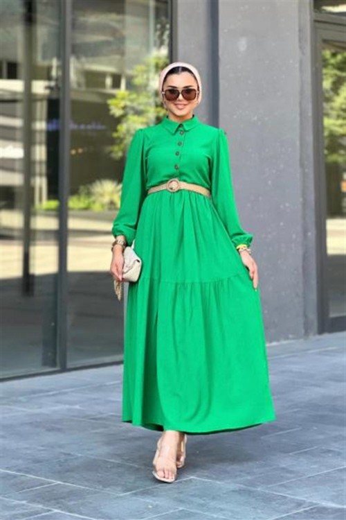 Hasır Kemerli Börümcük Elbise Yeşil