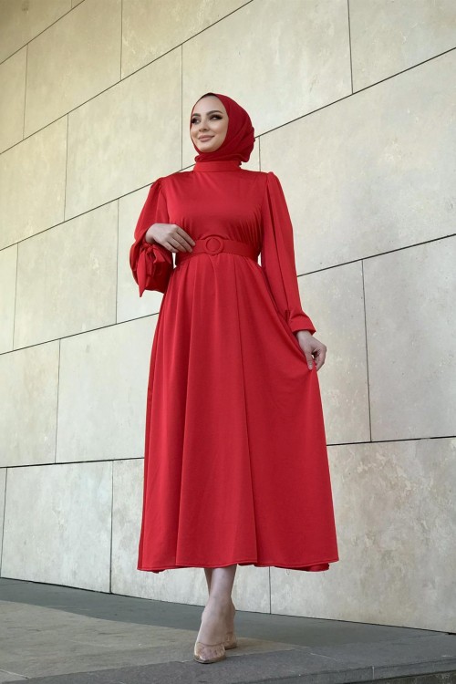 Havin Kemerli Elbise Kırmızı