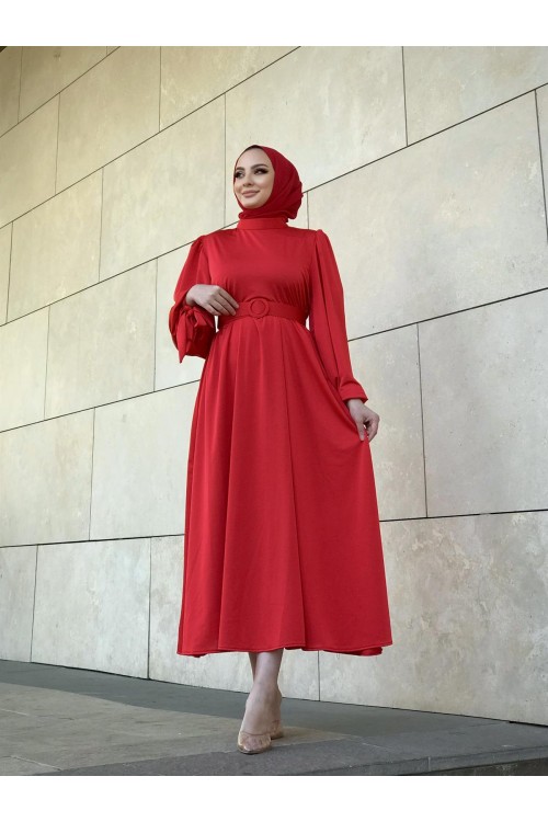 Havin Kemerli Elbise Kırmızı
