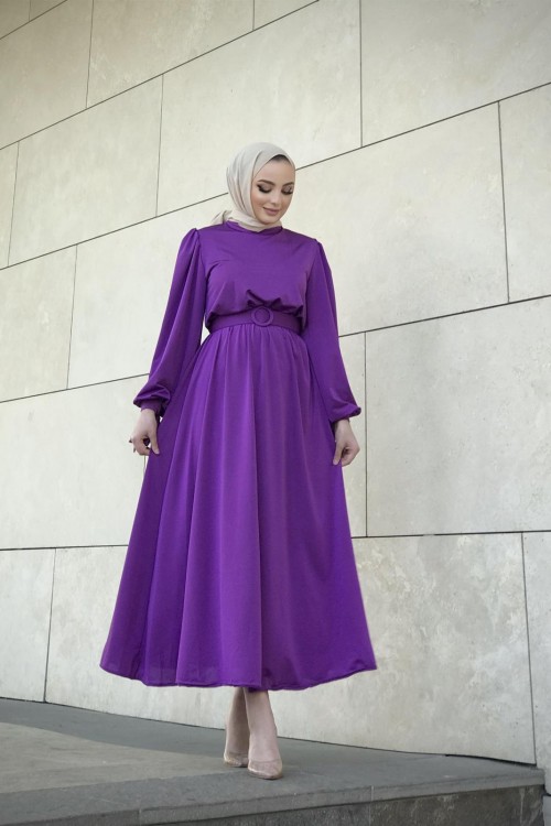 Havin Kemerli Elbise Mor
