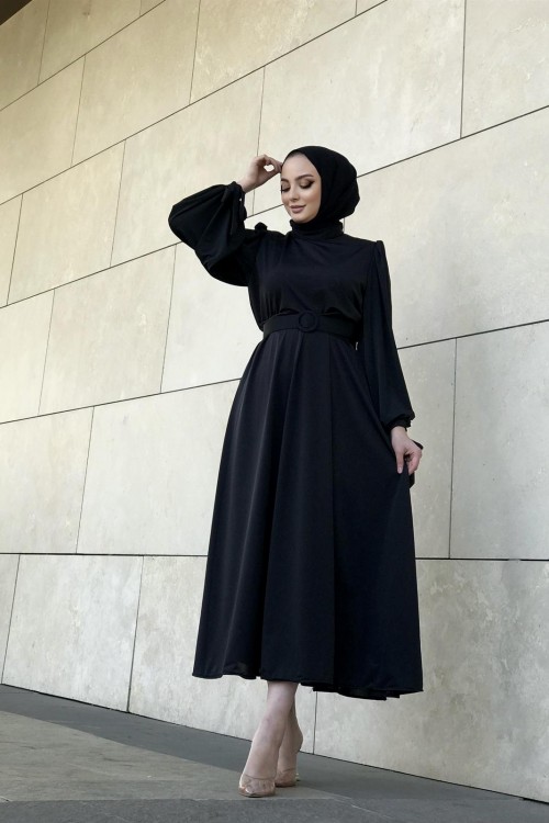 Havin Kemerli Elbise Siyah