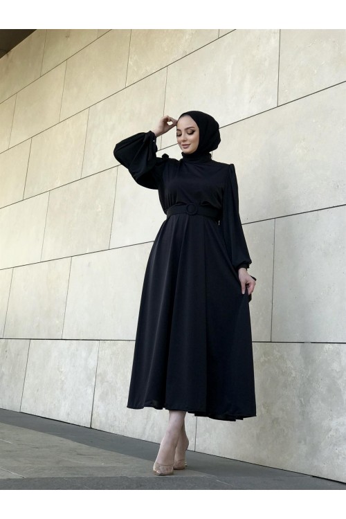 Havin Kemerli Elbise Siyah