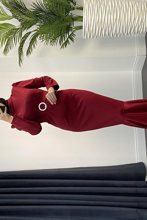 Hazel Altı Volan Elbise Bordo