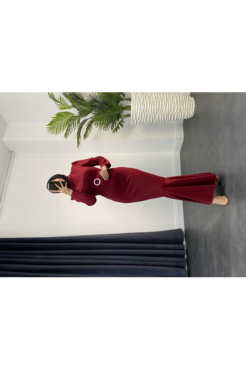 Hazel Altı Volan Elbise Bordo