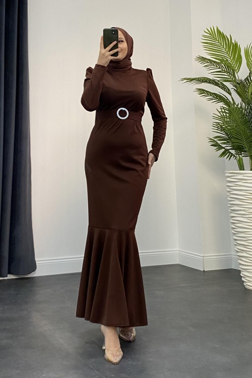 Hazel Altı Volan Elbise Kahverengi