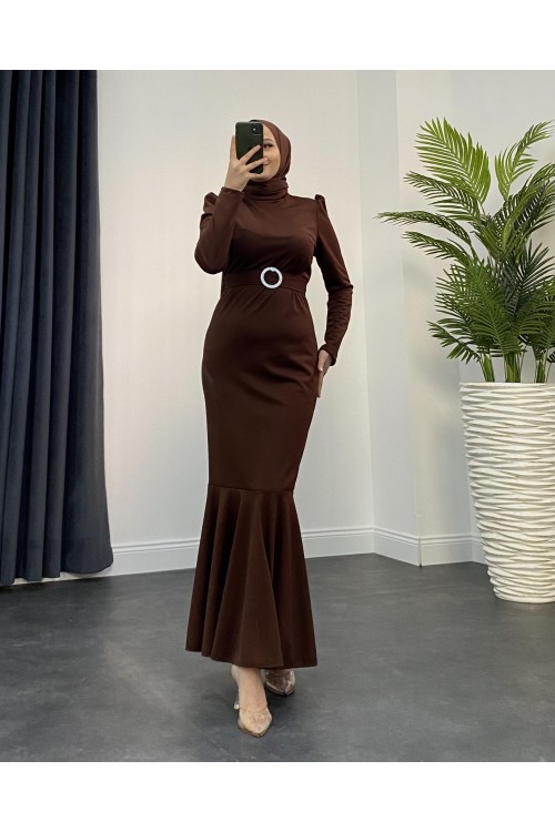 Hazel Altı Volan Elbise Kahverengi