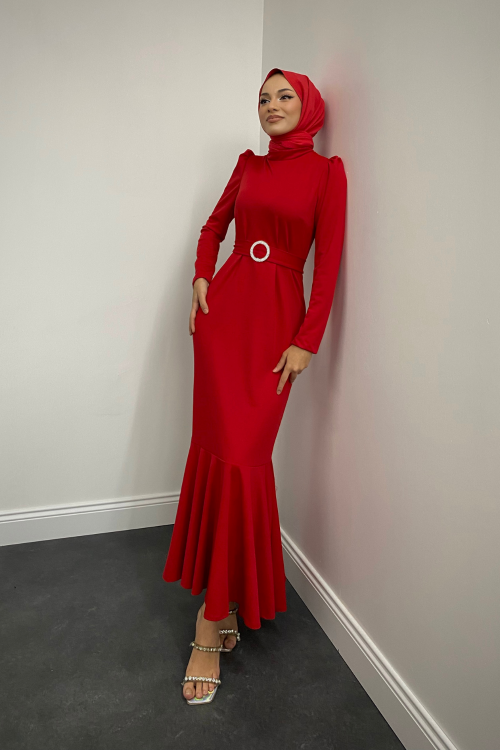 Hazel Altı Volan Elbise Kırmızı