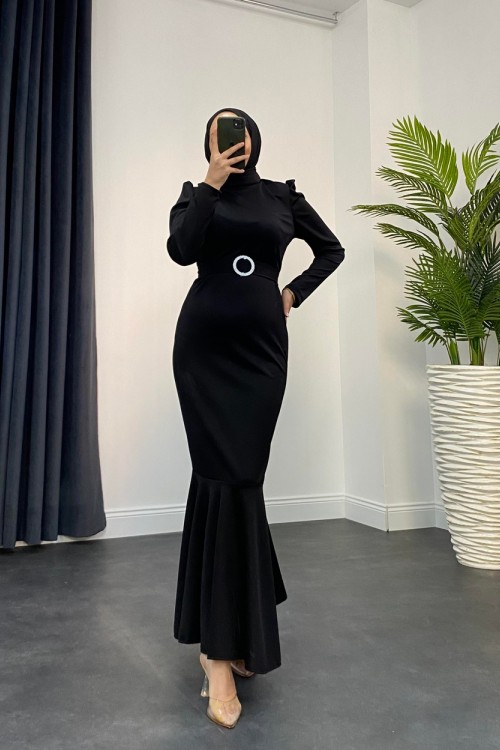 Hazel Altı Volan Elbise Siyah