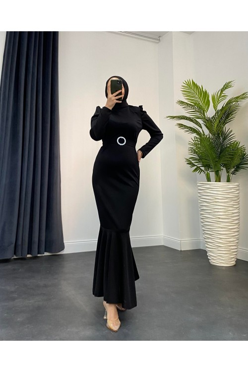 Hazel Altı Volan Elbise Siyah