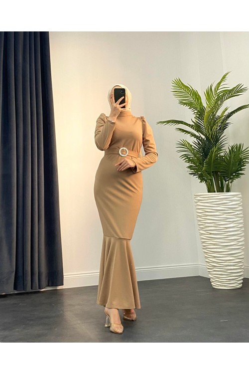 Hazel Altı Volan Elbise SütlüKahve