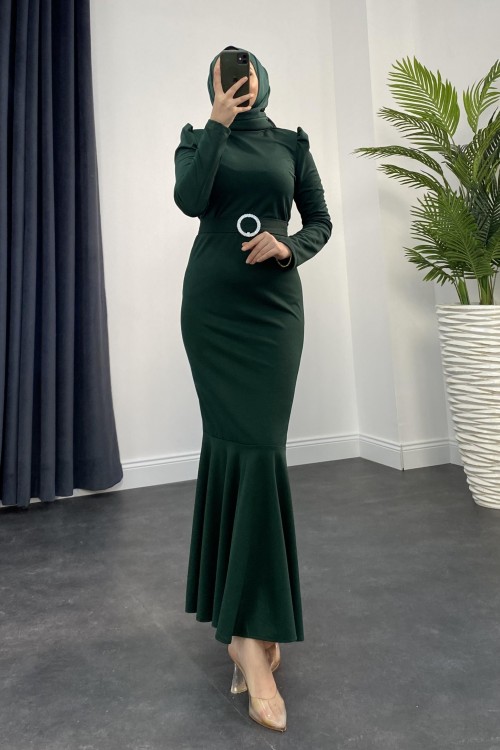 Hazel Altı Volan Elbise Zümrüt