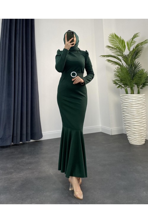 Hazel Altı Volan Elbise Zümrüt