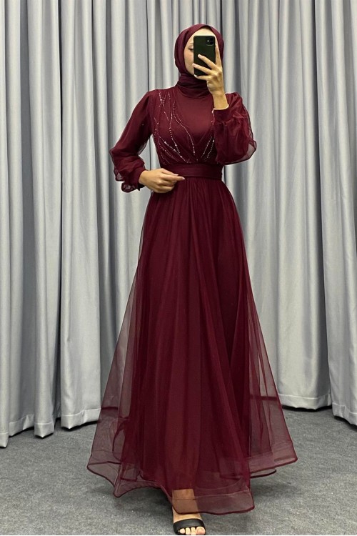 Helena Önü Taşlı Abiye Bordo