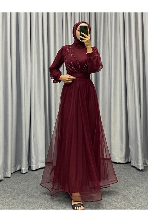 Helena Önü Taşlı Abiye Bordo