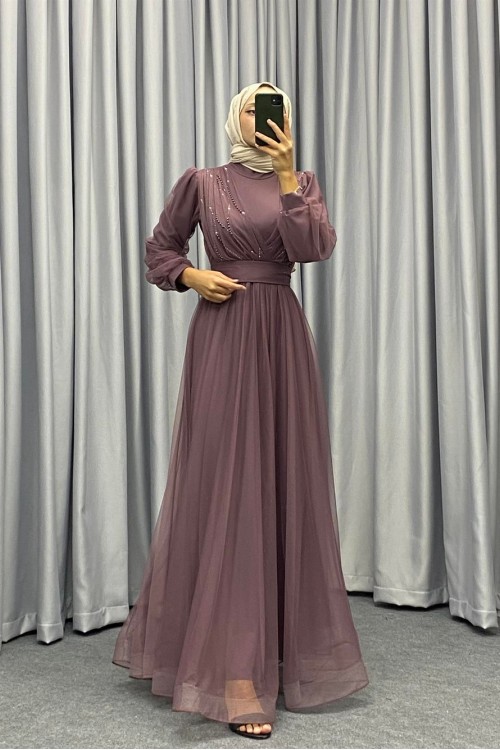 Helena Önü Taşlı Abiye Gül Kurusu