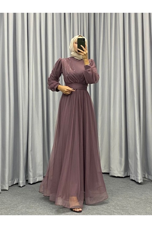 Helena Önü Taşlı Abiye Gül Kurusu