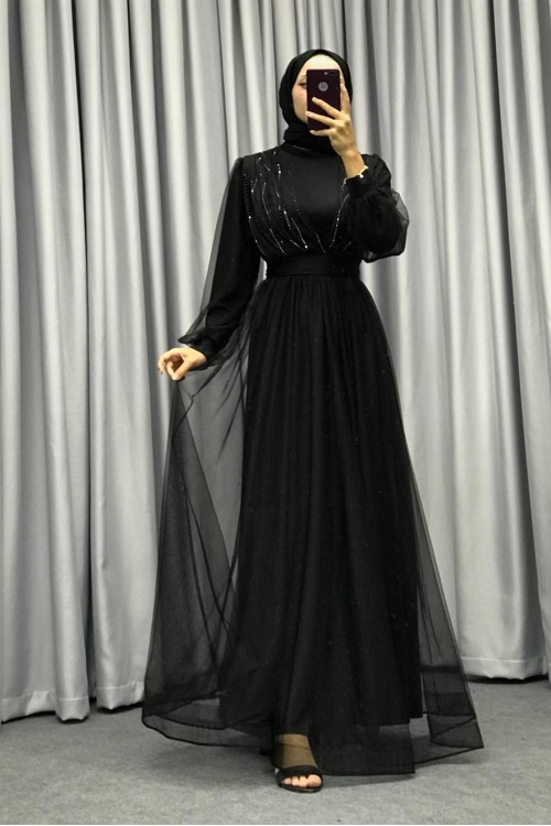 Helena Önü Taşlı Abiye Siyah