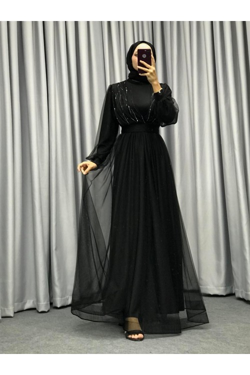 Helena Önü Taşlı Abiye Siyah