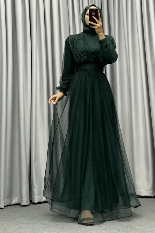 Helena Önü Taşlı Abiye Yeşil