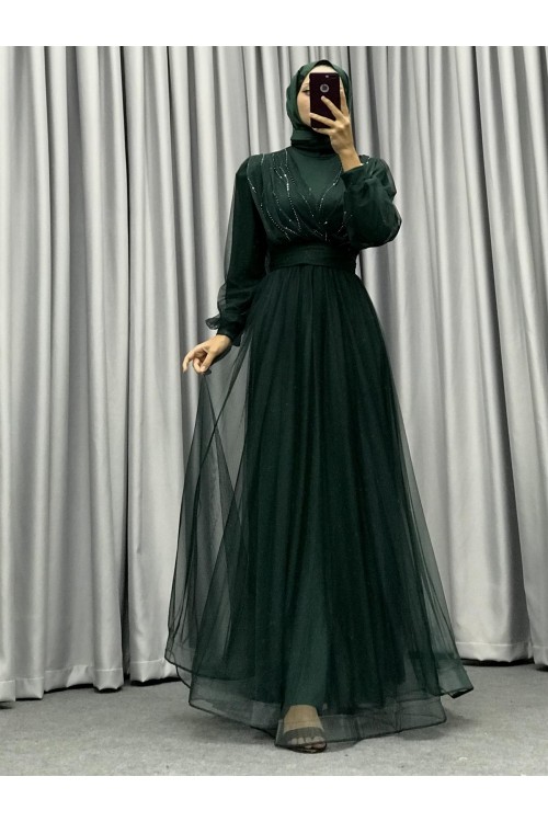 Helena Önü Taşlı Abiye Yeşil