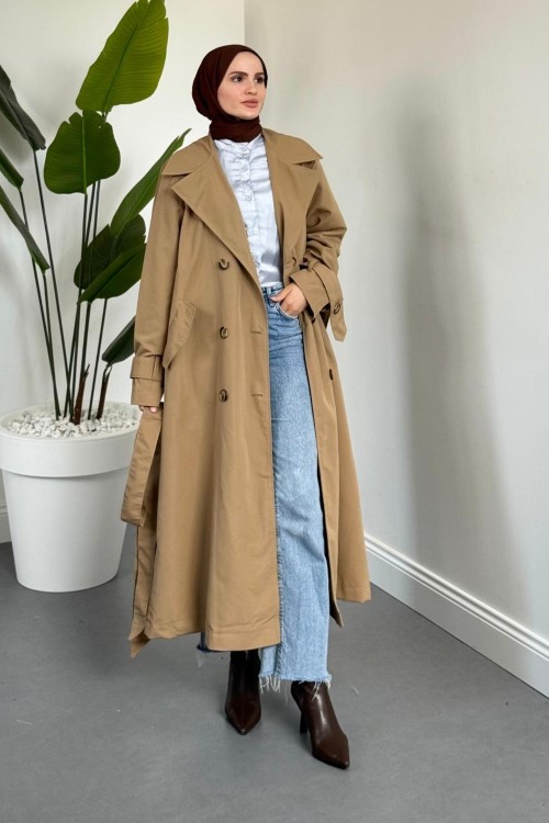 Helora Arka A Pİle Düğmeli Trençkot Camel
