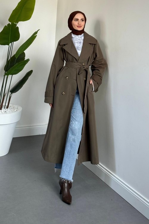 Helora Arka A Pİle Düğmeli Trençkot Haki