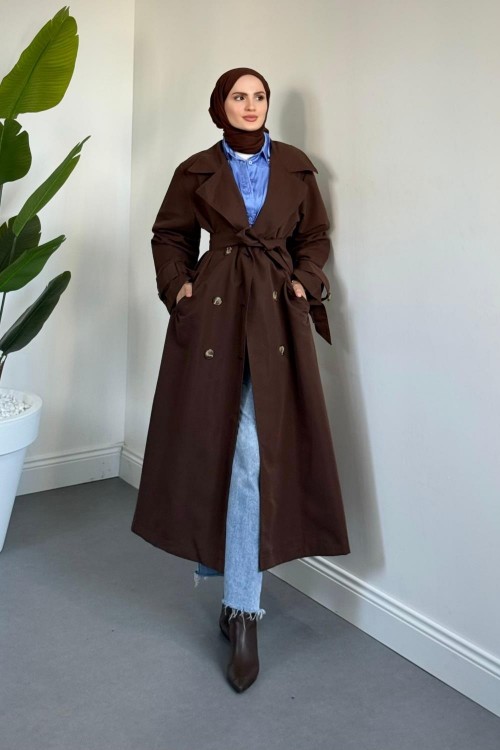 Helora Arka A Pİle Düğmeli Trençkot Kahverengi