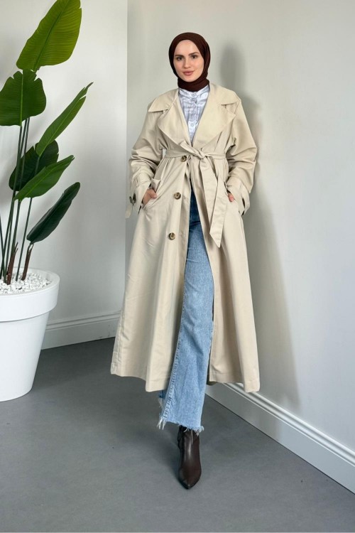 Helora Arka A Pİle Düğmeli Trençkot Krem