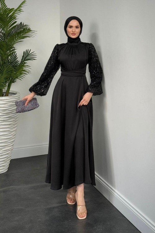 Hemeris Kolları Boncuk İşleme Saten Abiye Siyah