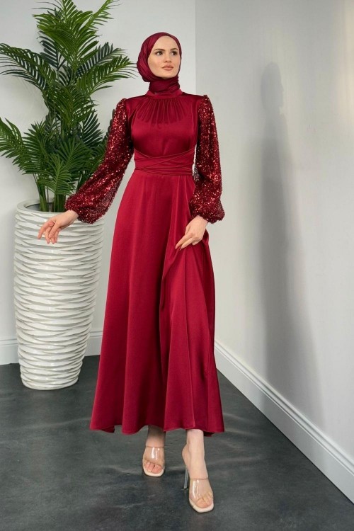 Hemeris Kolları Boncuk İşleme Saten Abiye Bordo