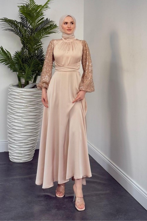 Hemeris Kolları Boncuk İşleme Saten Abiye Krem