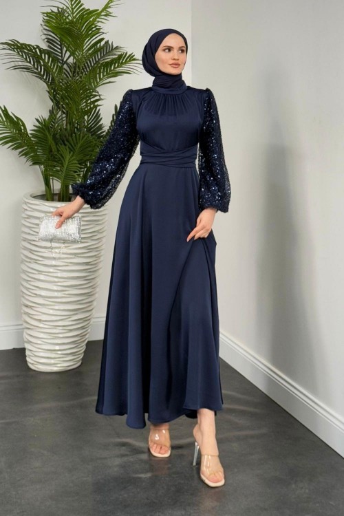 Hemeris Kolları Boncuk İşleme Saten Abiye Lacivert