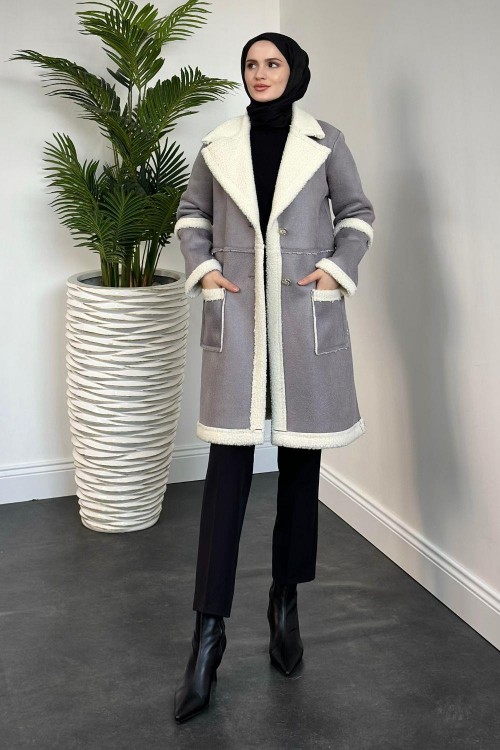 Henri Yakası Kürklü Kaban Gri