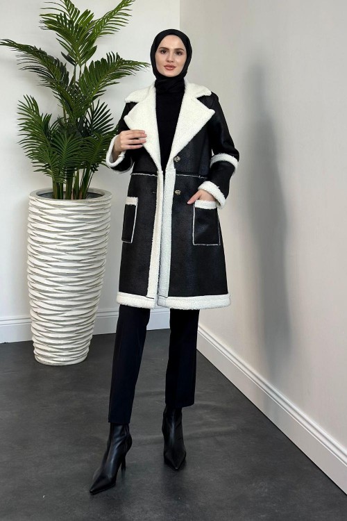 Henri Yakası Kürklü Kaban Siyah