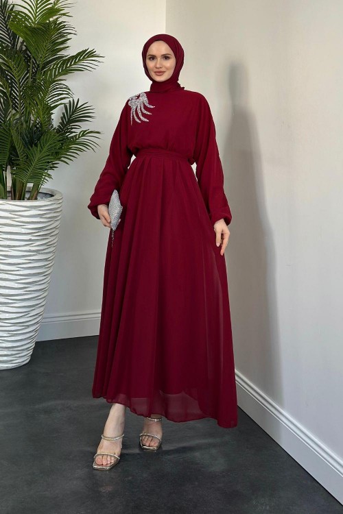 Hilla Omzu Taşlı Abiye Bordo