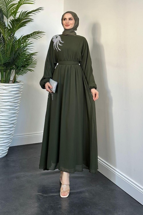 Hilla Omzu Taşlı Abiye Haki