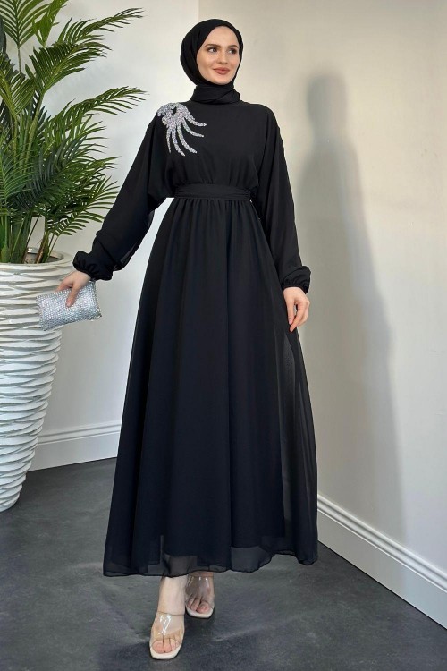 Hilla Omzu Taşlı Abiye Siyah