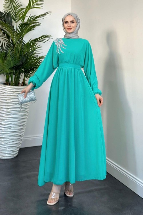 Hilla Omzu Taşlı Abiye Su Yeşili