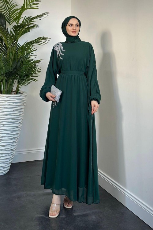 Hilla Omzu Taşlı Abiye Zümrüt