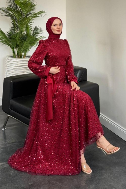 Hilly Kolları Fiyonk Saten Abiye Bordo