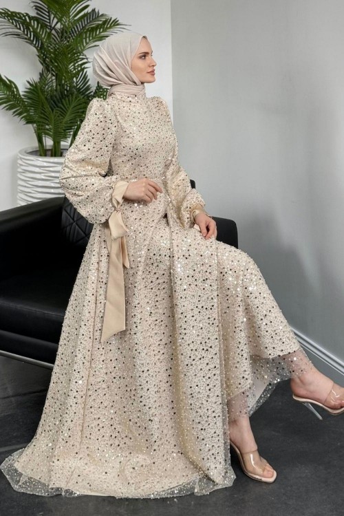 Hilly Kolları Fiyonk Saten Abiye Krem