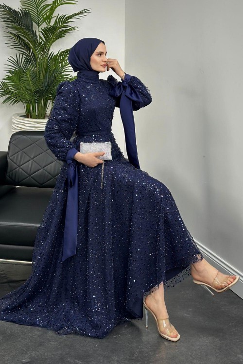 Hilly Kolları Fiyonk Saten Abiye Lacivert