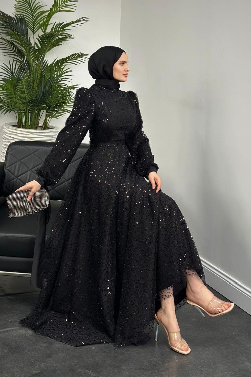 Hilly Kolları Fiyonk Saten Abiye Siyah