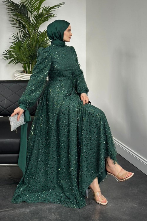 Hilly Kolları Fiyonk Saten Abiye Zümrüt