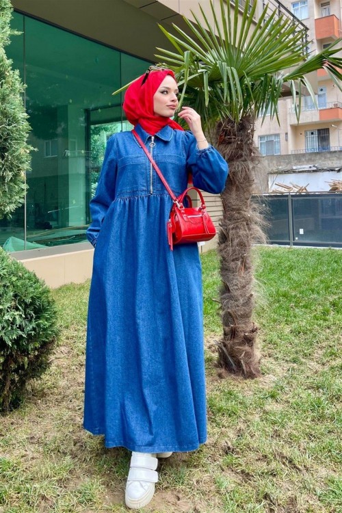 İki Cepli Fermuarlı Kot Elbise LACİVERT